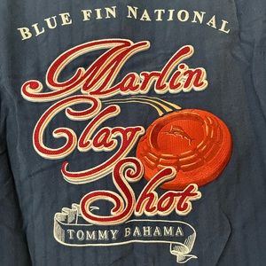 Tommy  Bahama “ Clay Shot” Silk Camp Shirt. SZ M. Dark Blue w/ back Embroidery